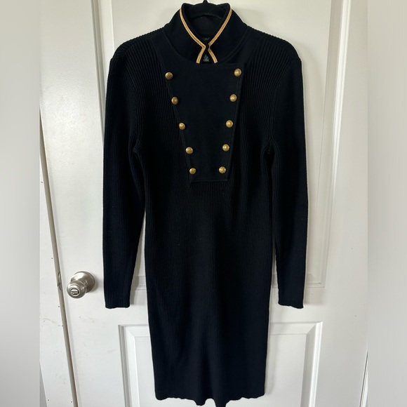 Lauren Ralph Lauren Midi Black Knit Sweater Dress High Collar Gold Accents Sz M - Picture 2 of 11